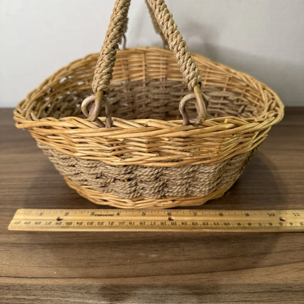 Vintage 1960's Boho Wicker Rattan Folding Handles‎ Hand Woven Basket 11x10